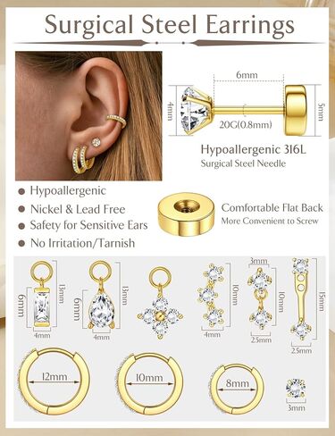Hypoallergenic 14K Gold Plated Silver Earrings for Women - Surgical Stainless Steel Hoop Cartilage Earrings Set Small Flat Back Stud Stacks with CZ Charm Helix Conch Tragus Piercing Jewelry in Kuwait