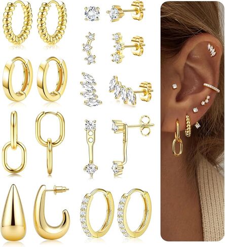 Lolias Small Gold Hoop Congring Congs for Women - 14K Gold Huggie Stud Stud arocrings Hypoallergenic Stains Stains Cratilage ropings for Troucture Lightweight 9pairs in Saudi Arabia