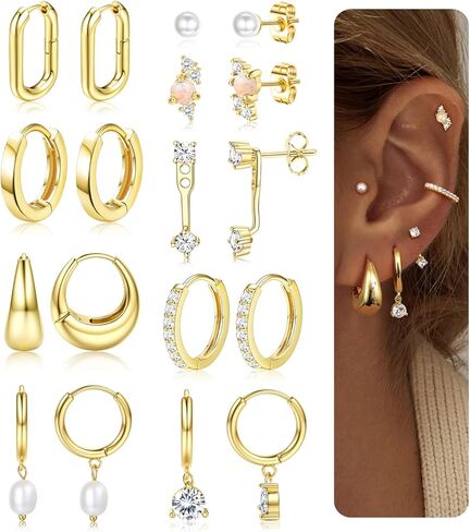 LOLIAS Small Gold Hoop Earring Stacks for Women - 14K Gold Plated Huggie Stud Hoop Earrings Hypoallergenic Stainless Steel Cartilage Earring Sets for Multiple Piercing Lightweight 9Pairs in Saudi Arabia