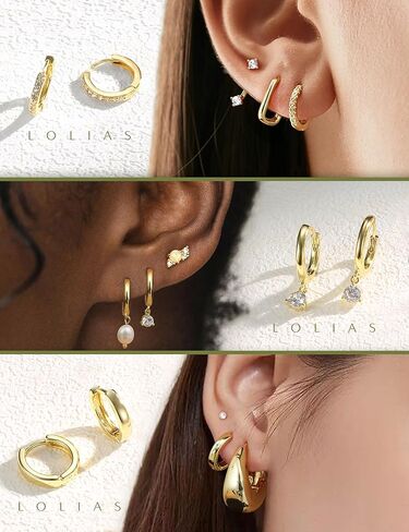 LOLIAS Small Gold Hoop Earring Stacks for Women - 14K Gold Plated Huggie Stud Hoop Earrings Hypoallergenic Stainless Steel Cartilage Earring Sets for Multiple Piercing Lightweight 9Pairs in Saudi Arabia