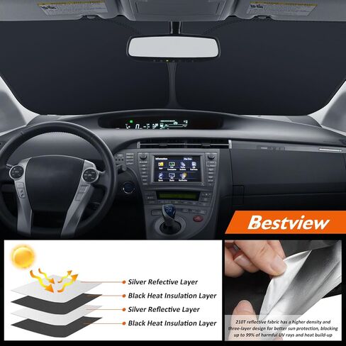 مظلة الشمس للزجاج الأمامي من Bestview لعام 2016-2023 Toyo-ta Prius Hatchback، مظلة النافذة الأمامية، حاجب الشمس الواقي من الأشعة فوق البنفسجية، الحرارة، قابلة للطي بطبقتين 210T in Kuwait