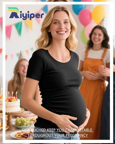 Riyiper 4 Pack Women's Ribbed Maternity T Shirts | 92% Cotton, Short Sleeve, Pregnant Tops, Crew Neck, Side Ruched, Maternity Clothes in Kuwait
