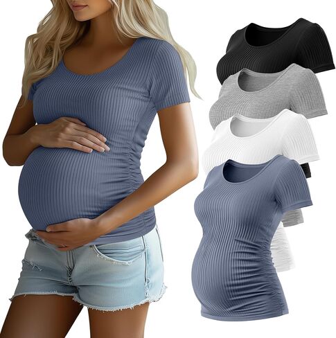 Riyiper 4 Pack Women's Ribbed Maternity T Shirts | 92% Cotton, Short Sleeve, Pregnant Tops, Crew Neck, Side Ruched, Maternity Clothes in Kuwait