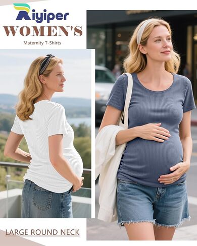 Riyiper 4 Pack Women's Ribbed Maternity T Shirts | 92% Cotton, Short Sleeve, Pregnant Tops, Crew Neck, Side Ruched, Maternity Clothes in Kuwait