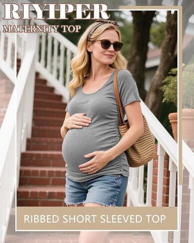 Riyiper 4 Pack Women's Maternity T-Shirts, Cotton Side Ruched Ribbed Maternity Top Scoop Neck Short Sleeve Pregnant Clothes in Saudi Arabia