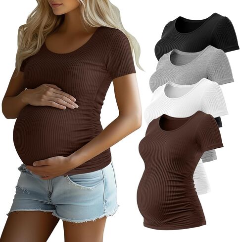 Riyiper 4 Pack Women's Maternity T-Shirts, Cotton Side Ruched Ribbed Maternity Top Scoop Neck Short Sleeve Pregnant Clothes in Saudi Arabia