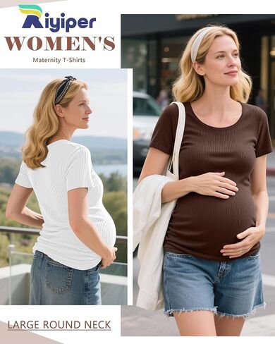 Riyiper 4 Pack Women's Maternity T-Shirts, Cotton Side Ruched Ribbed Maternity Top Scoop Neck Short Sleeve Pregnant Clothes in Saudi Arabia