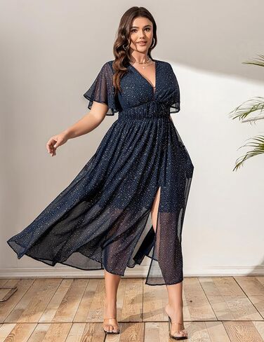 Summer Dresses for Women 2025 Elegant Classy Cocktail Wedding Guest Dress Short Sleeve Slit Maxi with Pockets in Kuwait
