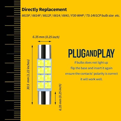 28mm 29mm 6612f fuse type fexoon led car bulb super bright 8-smd 3030 pricet fit 6615f 6614f 6641 7065 bulb for vanity mirror light and sun visor light 6000k white 10 pack in Saudi Arabia