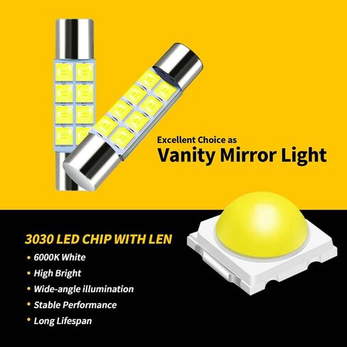 28mm 29mm 6612f fuse type fexoon led car bulb super bright 8-smd 3030 pricet fit 6615f 6614f 6641 7065 bulb for vanity mirror light and sun visor light 6000k white 10 pack in Saudi Arabia