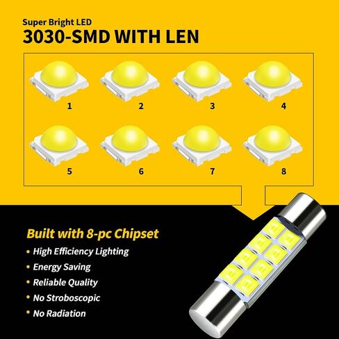 28mm 29mm 6612f fuse type fexoon led car bulb super bright 8-smd 3030 pricet fit 6615f 6614f 6641 7065 bulb for vanity mirror light and sun visor light 6000k white 10 pack in Saudi Arabia