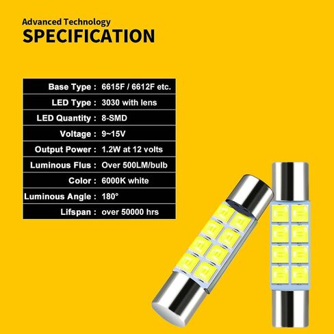 28mm 29mm 6612f fuse type fexoon led car bulb super bright 8-smd 3030 pricet fit 6615f 6614f 6641 7065 bulb for vanity mirror light and sun visor light 6000k white 10 pack in Saudi Arabia