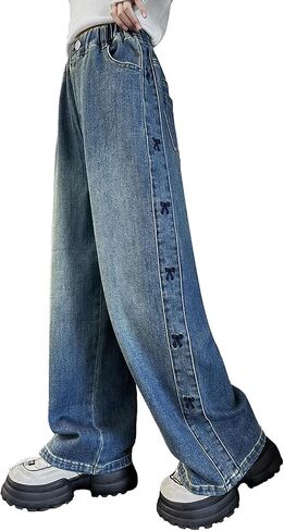 Rolanko Girls Baggy Jeans Distressed Denim Pants Elastic Waist Wide Leg Jeans for Girls Kids Loose Fit 4-14 Years in Saudi Arabia