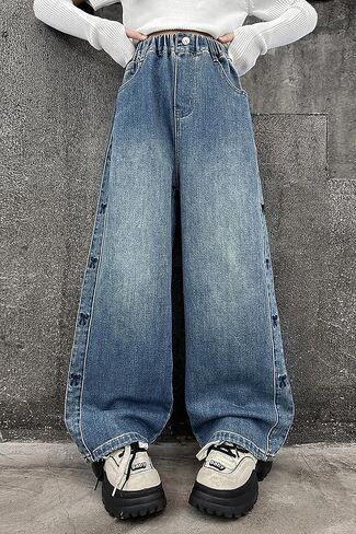 Rolanko Girls Baggy Jeans Distressed Denim Pants Elastic Waist Wide Leg Jeans for Girls Kids Loose Fit 4-14 Years in Saudi Arabia