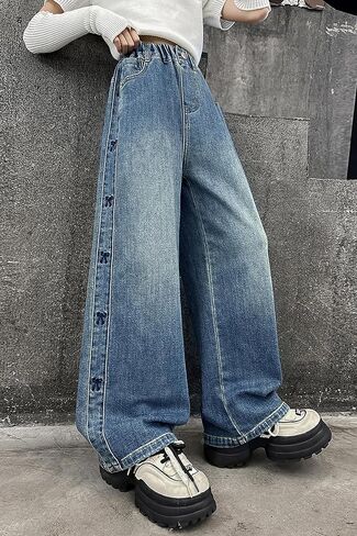 Rolanko Girls Baggy Jeans Distressed Denim Pants Elastic Waist Wide Leg Jeans for Girls Kids Loose Fit 4-14 Years in Saudi Arabia