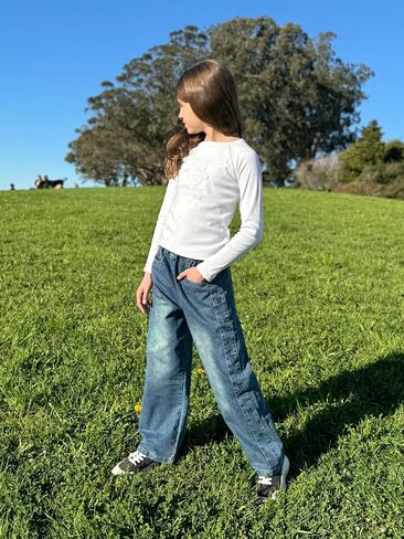Rolanko Girls Baggy Jeans Distressed Denim Pants Elastic Waist Wide Leg Jeans for Girls Kids Loose Fit 4-14 Years in Saudi Arabia