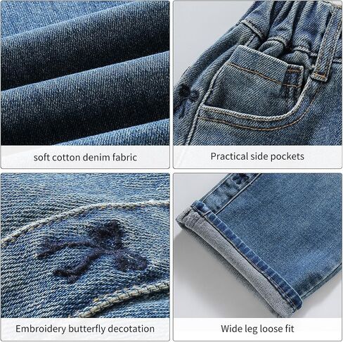 Rolanko Girls Baggy Jeans Distressed Denim Pants Elastic Waist Wide Leg Jeans for Girls Kids Loose Fit 4-14 Years in Saudi Arabia