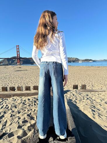 Rolanko Girls Baggy Jeans Distressed Denim Pants Elastic Waist Wide Leg Jeans for Girls Kids Loose Fit 4-14 Years in Saudi Arabia