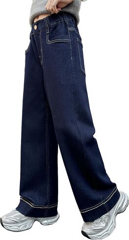 Rolanko Girls Baggy Jeans Distressed Denim Pants Elastic Waist Wide Leg Jeans for Girls Kids Loose Fit 4-14 Years in Saudi Arabia