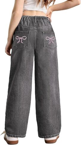 Wdirara Girl's Bowknot Embroidery Wide Leg Denim Pants Y2K High Weist Baggy Jeans in Kuwait