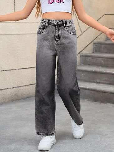 Wdirara Girl's Bowknot Embroidery Wide Leg Denim Pants Y2K High Weist Baggy Jeans in Kuwait