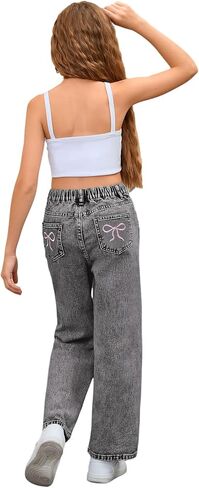 Wdirara Girl's Bowknot Embroidery Wide Leg Denim Pants Y2K High Weist Baggy Jeans in Kuwait