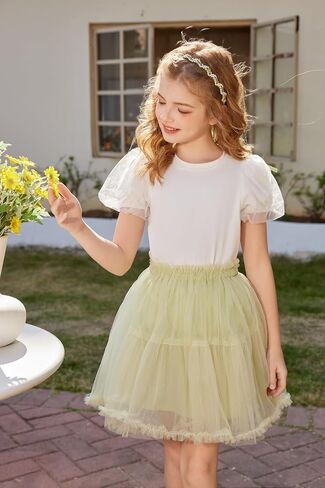 Arshiner Girls Shirts Mesh Puff Short Sleeves Blouse Crewneck Cute Print Summer Kids Tee Tops in Saudi Arabia