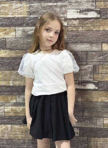 Arshiner Girls Shirts Mesh Puff Short Sleeves Blouse Crewneck Cute Print Summer Kids Tee Tops in Saudi Arabia