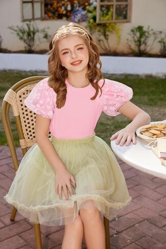 Arshiner Girls Shirts Mesh Puff Short Sleeves Blouse Crewneck Cute Print Summer Kids Tee Tops in Saudi Arabia