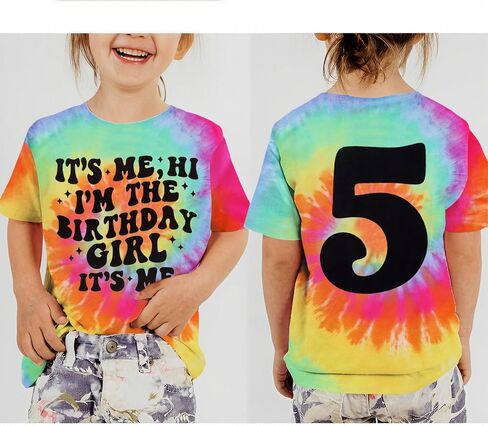أنا مرحبًا ، أنا فتاة عيد ميلاد القمصان للأطفال الصغار الفتيات عيد ميلاد TIE DYE T-Shirt ملابس الحفلات TEES TOPS 5-10Y in Kuwait