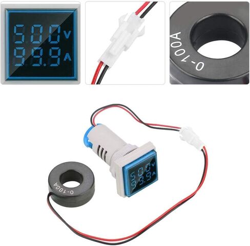 LED عرض الفولتميتر ، اختبار الجهد تيار كاشف مربع 22 مم لوحة العرض المزدوجة فولتميتر AMMETER AC 0-100A 60-500V متر مؤشر (الأزرق) in Saudi Arabia