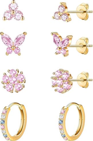 20G Gold Studs Earrings for Women,14K Gold Plated Sterling Silver Hypoallergenic Butterfly Earrings for Women,4 Pairs Flower/Butterfly/Cubic Zirconia Cute Earring and Trendy Huggie Hoop Dainty Multipack Earring Sets in Kuwait