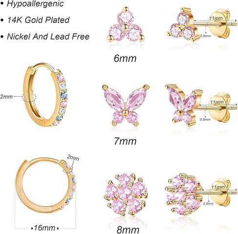 20G Gold Studs Earrings for Women,14K Gold Plated Sterling Silver Hypoallergenic Butterfly Earrings for Women,4 Pairs Flower/Butterfly/Cubic Zirconia Cute Earring and Trendy Huggie Hoop Dainty Multipack Earring Sets in Kuwait