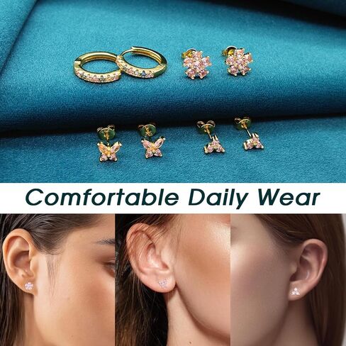 20G Gold Studs Earrings for Women,14K Gold Plated Sterling Silver Hypoallergenic Butterfly Earrings for Women,4 Pairs Flower/Butterfly/Cubic Zirconia Cute Earring and Trendy Huggie Hoop Dainty Multipack Earring Sets in Kuwait