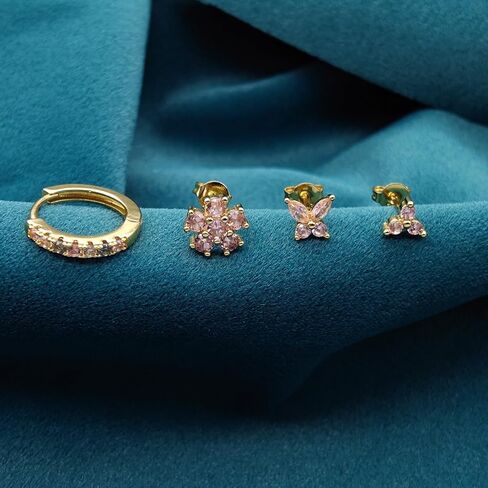 20G Gold Studs Earrings for Women,14K Gold Plated Sterling Silver Hypoallergenic Butterfly Earrings for Women,4 Pairs Flower/Butterfly/Cubic Zirconia Cute Earring and Trendy Huggie Hoop Dainty Multipack Earring Sets in Kuwait