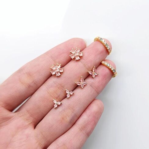 20G Gold Studs Earrings for Women,14K Gold Plated Sterling Silver Hypoallergenic Butterfly Earrings for Women,4 Pairs Flower/Butterfly/Cubic Zirconia Cute Earring and Trendy Huggie Hoop Dainty Multipack Earring Sets in Kuwait