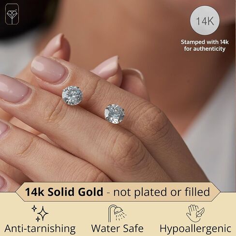 14k Gold Solitaire Round Cubic Zirconia Earrings Studs for Women & Men | Anti Tarnishing CZ Stud Earrings with 14k Gold Butterfly Pushbacks | 4MM-7.5MM by MAX + STONE in Saudi Arabia