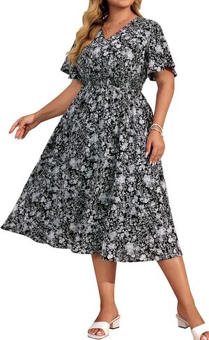 Hanna Nikole Women's Plus Size Summer Floral Dress Casual Short Sleeve Sundress Swing A Line Maxi Dresses with Pockets in Saudi Arabia