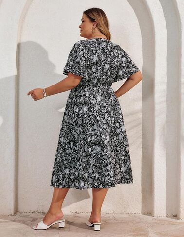 Hanna Nikole Women's Plus Size Summer Floral Dress Casual Short Sleeve Sundress Swing A Line Maxi Dresses with Pockets in Saudi Arabia