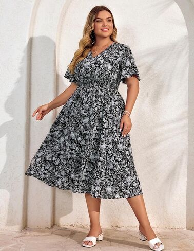 Hanna Nikole Women's Plus Size Summer Floral Dress Casual Short Sleeve Sundress Swing A Line Maxi Dresses with Pockets in Saudi Arabia