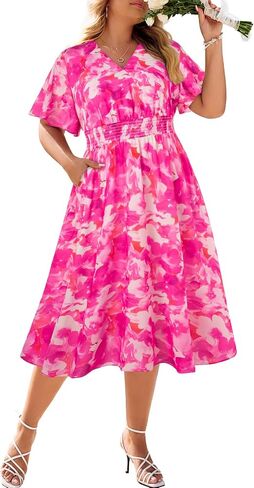 Hanna Nikole Women's Plus Size Summer Floral Dress Casual Short Sleeve Sundress Swing A Line Maxi Dresses with Pockets in Saudi Arabia