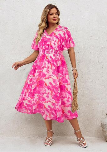Hanna Nikole Women's Plus Size Summer Floral Dress Casual Short Sleeve Sundress Swing A Line Maxi Dresses with Pockets in Saudi Arabia