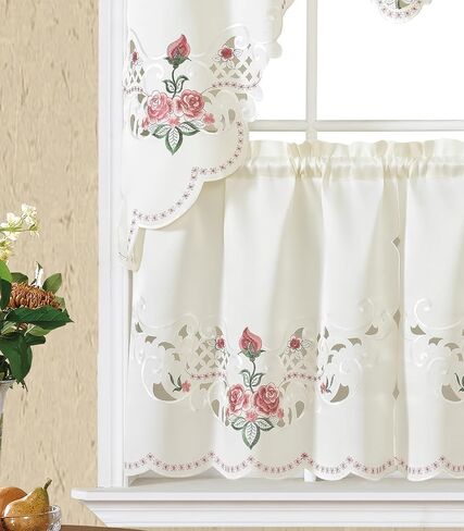 Gohd Rose Spragrance 3pcs Startain Multi-Color Embroidery with Cutworks ، Swag Valance and Tiers ، و Satin Fabric ، مجموعة ستارة مقهى Multi-Clitch (Blue) in Kuwait