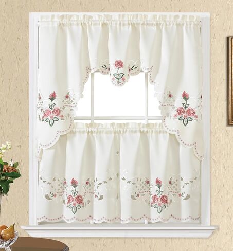 Gohd Rose Spragrance 3pcs Startain Multi-Color Embroidery with Cutworks ، Swag Valance and Tiers ، و Satin Fabric ، مجموعة ستارة مقهى Multi-Clitch (Blue) in Kuwait
