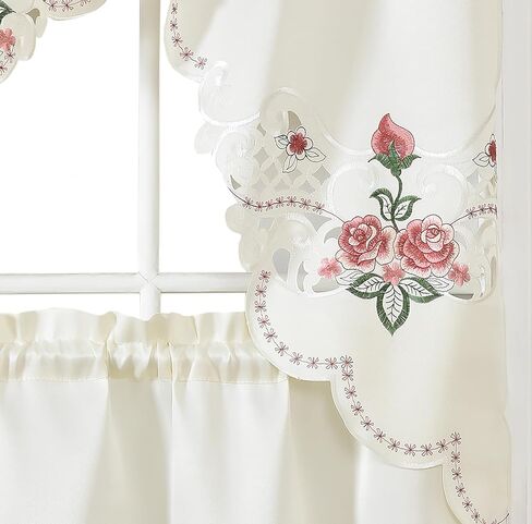 Gohd Rose Spragrance 3pcs Startain Multi-Color Embroidery with Cutworks ، Swag Valance and Tiers ، و Satin Fabric ، مجموعة ستارة مقهى Multi-Clitch (Blue) in Kuwait