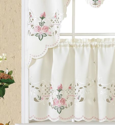 Gohd Rose Spragrance 3pcs Startain Multi-Color Embroidery with Cutworks ، Swag Valance and Tiers ، و Satin Fabric ، مجموعة ستارة مقهى Multi-Clitch (Blue) in Kuwait