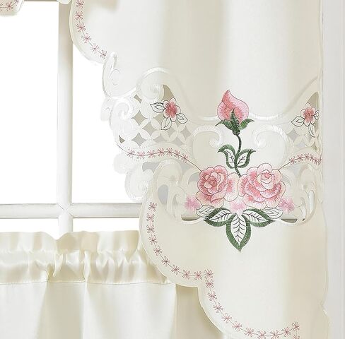 Gohd Rose Spragrance 3pcs Startain Multi-Color Embroidery with Cutworks ، Swag Valance and Tiers ، و Satin Fabric ، مجموعة ستارة مقهى Multi-Clitch (Blue) in Kuwait