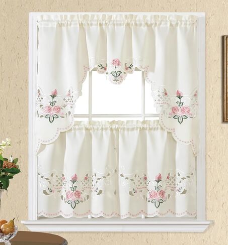 Gohd Rose Spragrance 3pcs Startain Multi-Color Embroidery with Cutworks ، Swag Valance and Tiers ، و Satin Fabric ، مجموعة ستارة مقهى Multi-Clitch (Blue) in Kuwait