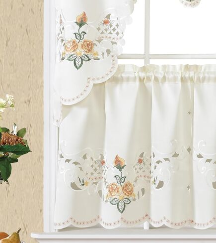 Gohd Rose Spragrance 3pcs Startain Multi-Color Embroidery with Cutworks ، Swag Valance and Tiers ، و Satin Fabric ، مجموعة ستارة مقهى Multi-Clitch (Blue) in Kuwait