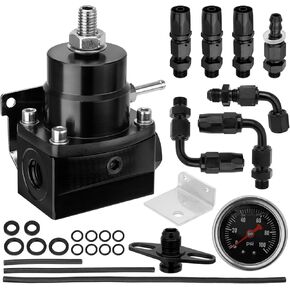Adjustable EFI Fuel Pressure Regulator Kit with Bypass Return, 0-100 PSI Gauge, 6AN Fittings and PTFE Braided Hose – Compatible with Gasoline, E85, Ethanol & Methanol Fuels